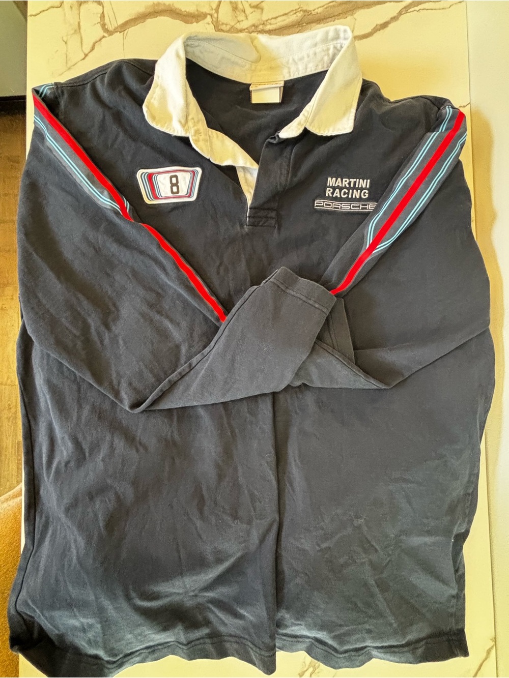 Martini Racing Porsche Navy Rugby Shirt with Red & Light Blue Stripes